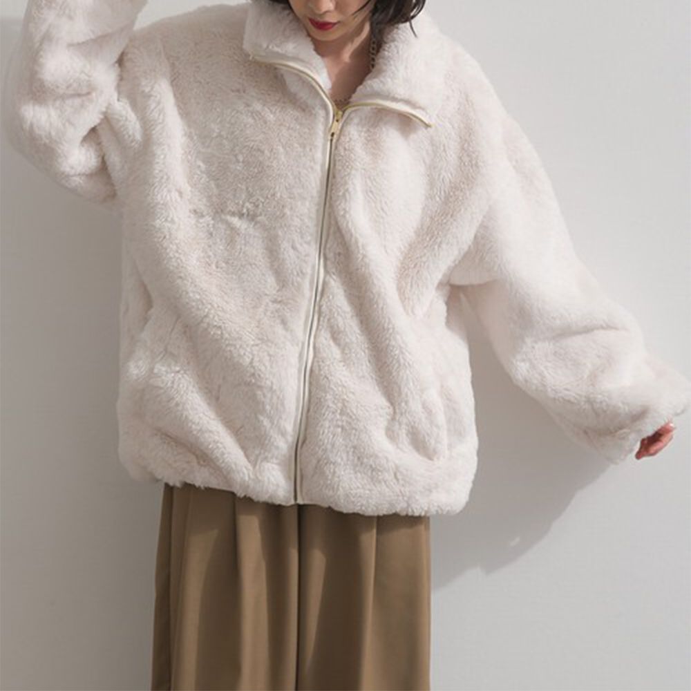 奢華毛絨柔軟寬鬆保暖拉鍊外套-象牙白