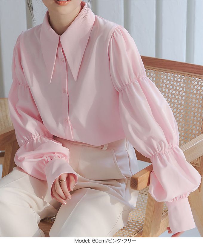 日本 Kobe Lettuce - 成熟造型領澎澎氣球袖襯衫-直條紋-藍