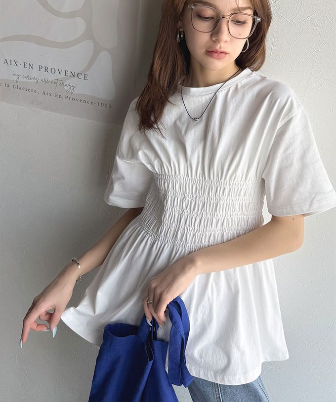 日本 Classical Elf - 魅力腰皺摺修身短袖上衣-白