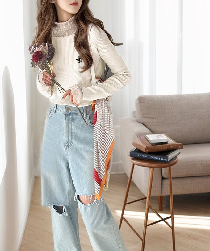 日本 Classical Elf - [必收]logo刺繡羅紋百搭長袖上衣-灰棕