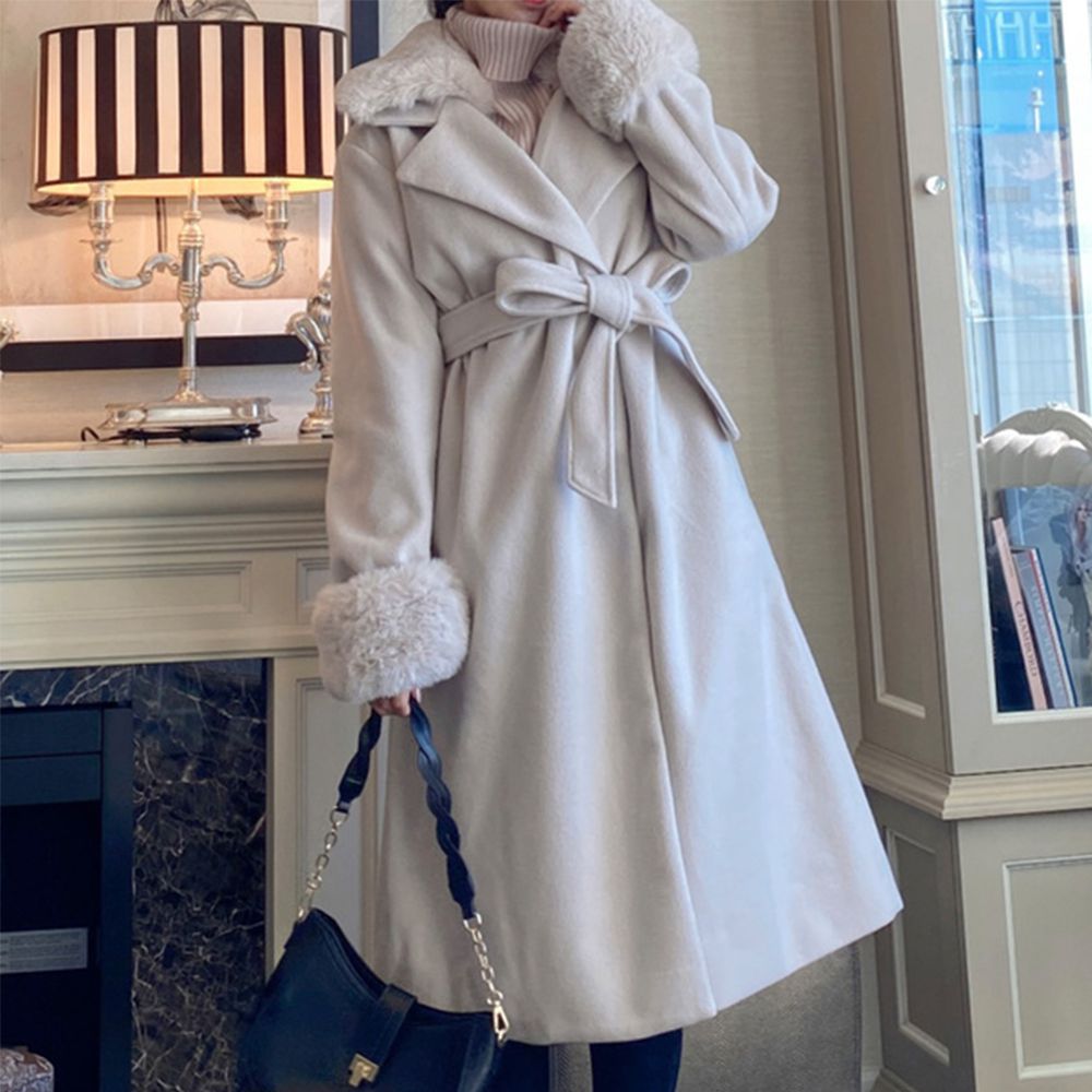 奢華修身附綁帶長版大衣外套(毛領/毛袖可拆)-象牙米