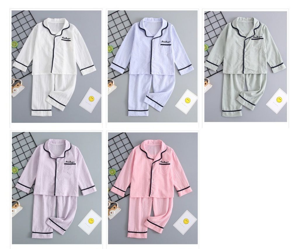 紗布棉兒童長袖家居服/睡衣(單層紗)-胸口英文字-白色