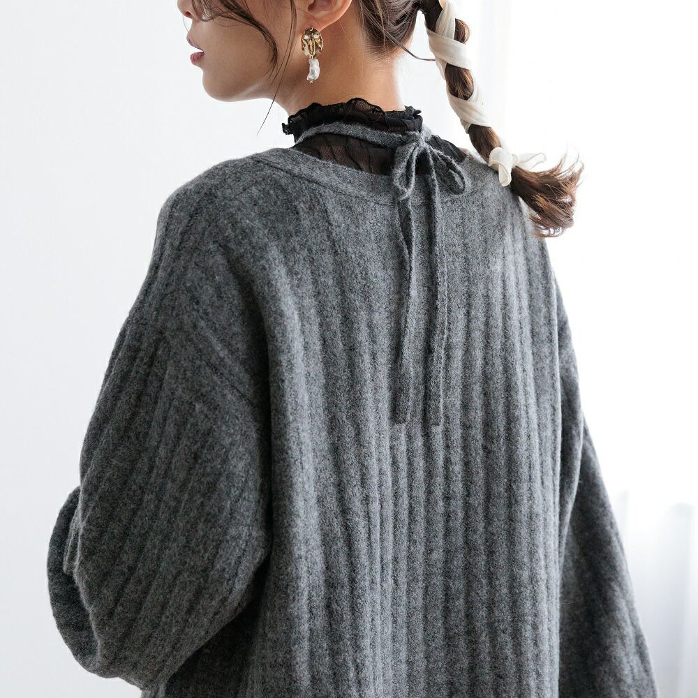 日本 ihuu - 特色綁帶V領針織毛衣-淺灰