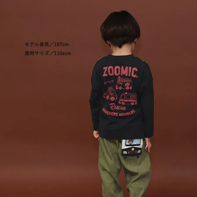 日本 ZOOLAND - 熊熊救援隊 燈芯絨吊帶拼接長袖上衣-警車-黑X軍綠