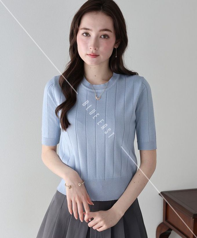 日本 BLUE EAST - 羅紋彈性薄針織五分袖上衣-薄荷綠