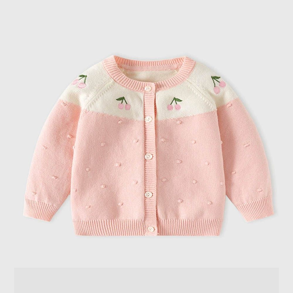 舒適圓領針織排釦外套-拼色櫻桃-粉色