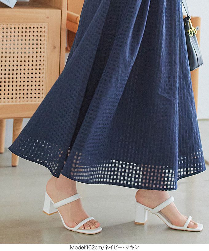 日本 Kobe Lettuce - 清爽透明格子鬆緊長裙(有口袋)-可選長度-海軍藍