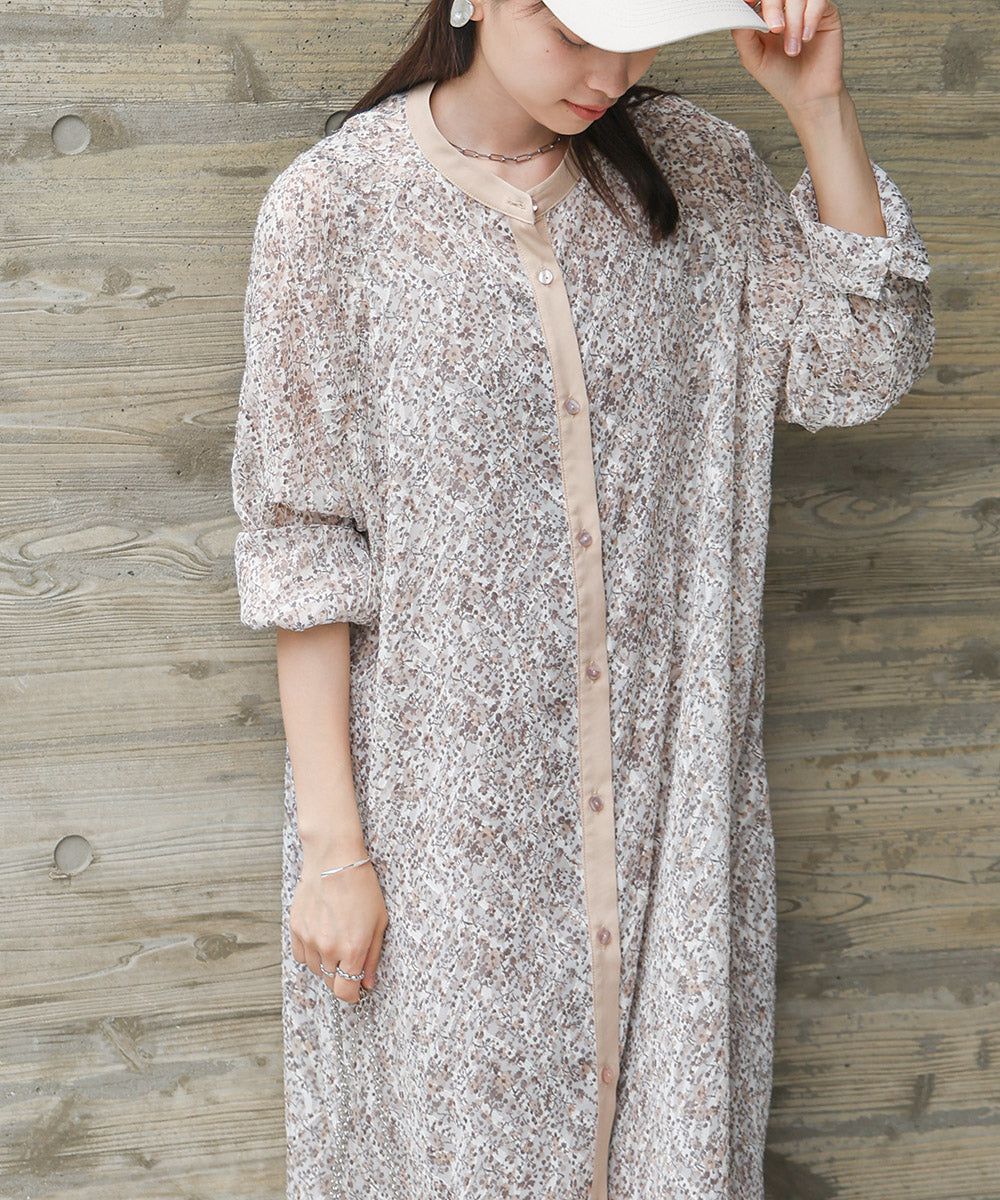 日本 Bab - 文藝浪漫碎花排扣洋裝-石英灰