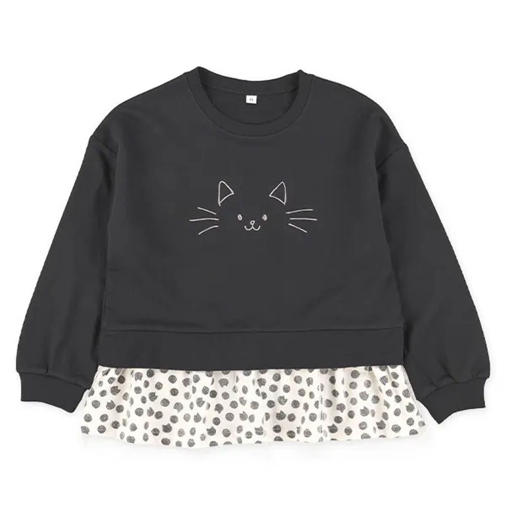 喵喵刺繡薄紗荷葉邊長袖上衣-黑