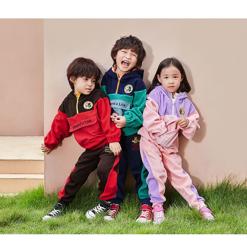 Minizone - 搖粒絨加厚運動長褲-卡通人物麗莎與卡斯波-紅+黑