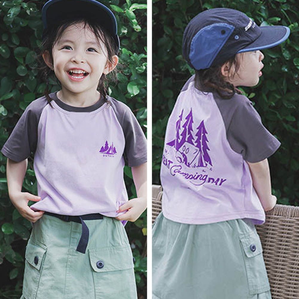 棉質圓領短袖上衣-山中露營-拼袖紫