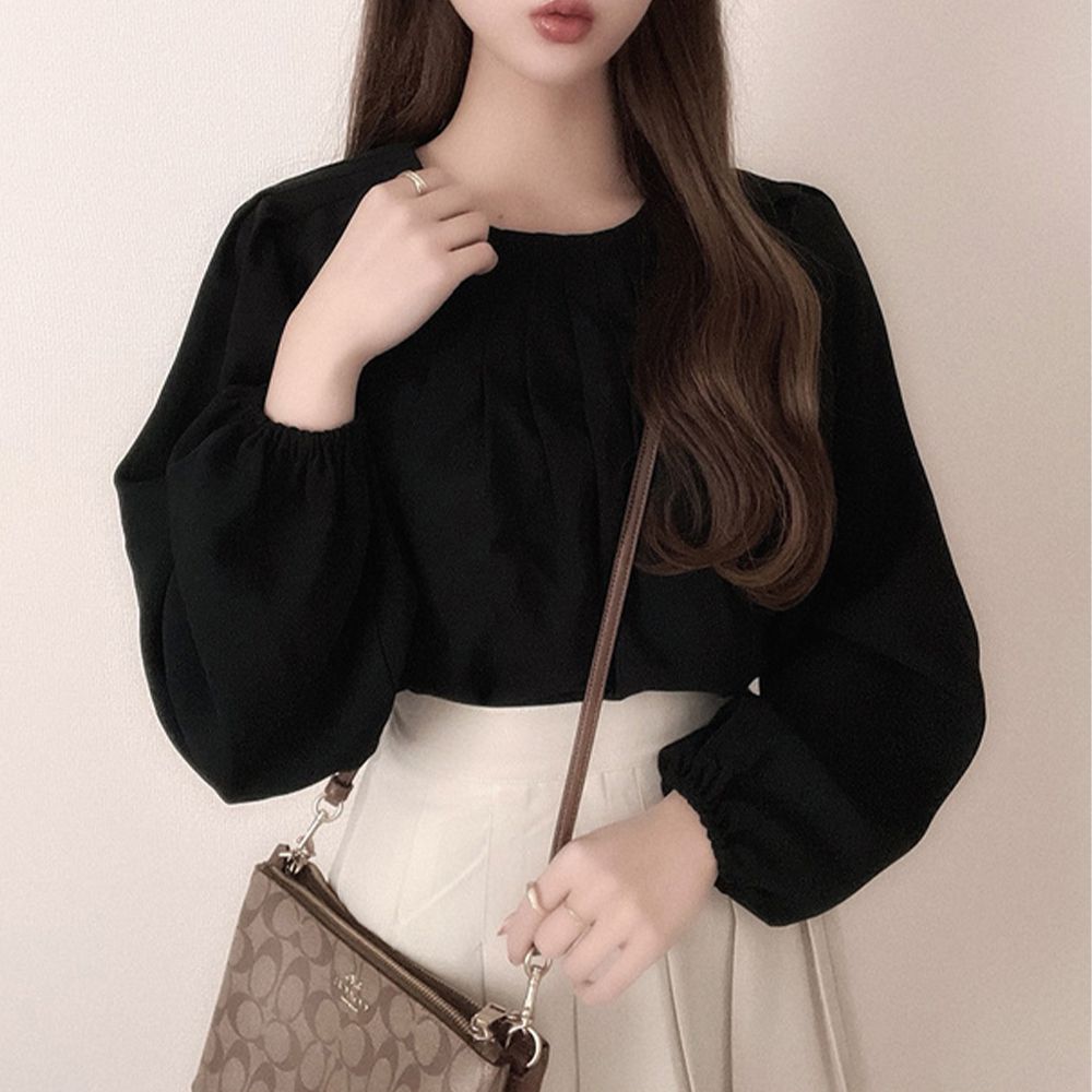 知性打褶輕盈澎澎長袖上衣-黑 (F)