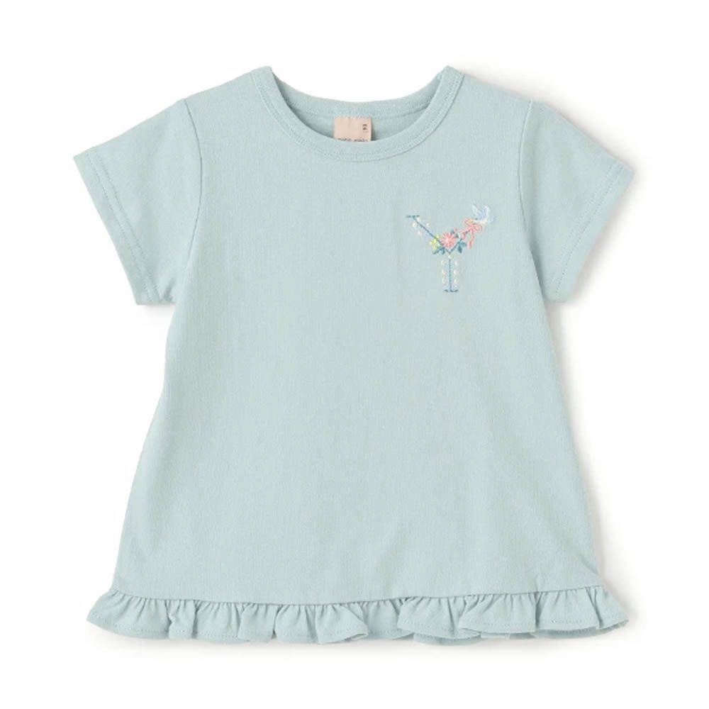 荷葉邊英文刺繡短袖上衣-Y-藍綠