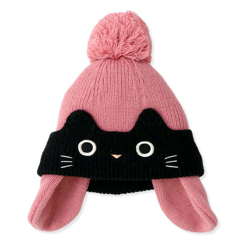 日本 ZOOLAND - 防寒刷毛保暖針織毛帽-小貓條紋撞色-粉x橘 (頭圍(50-54cm))