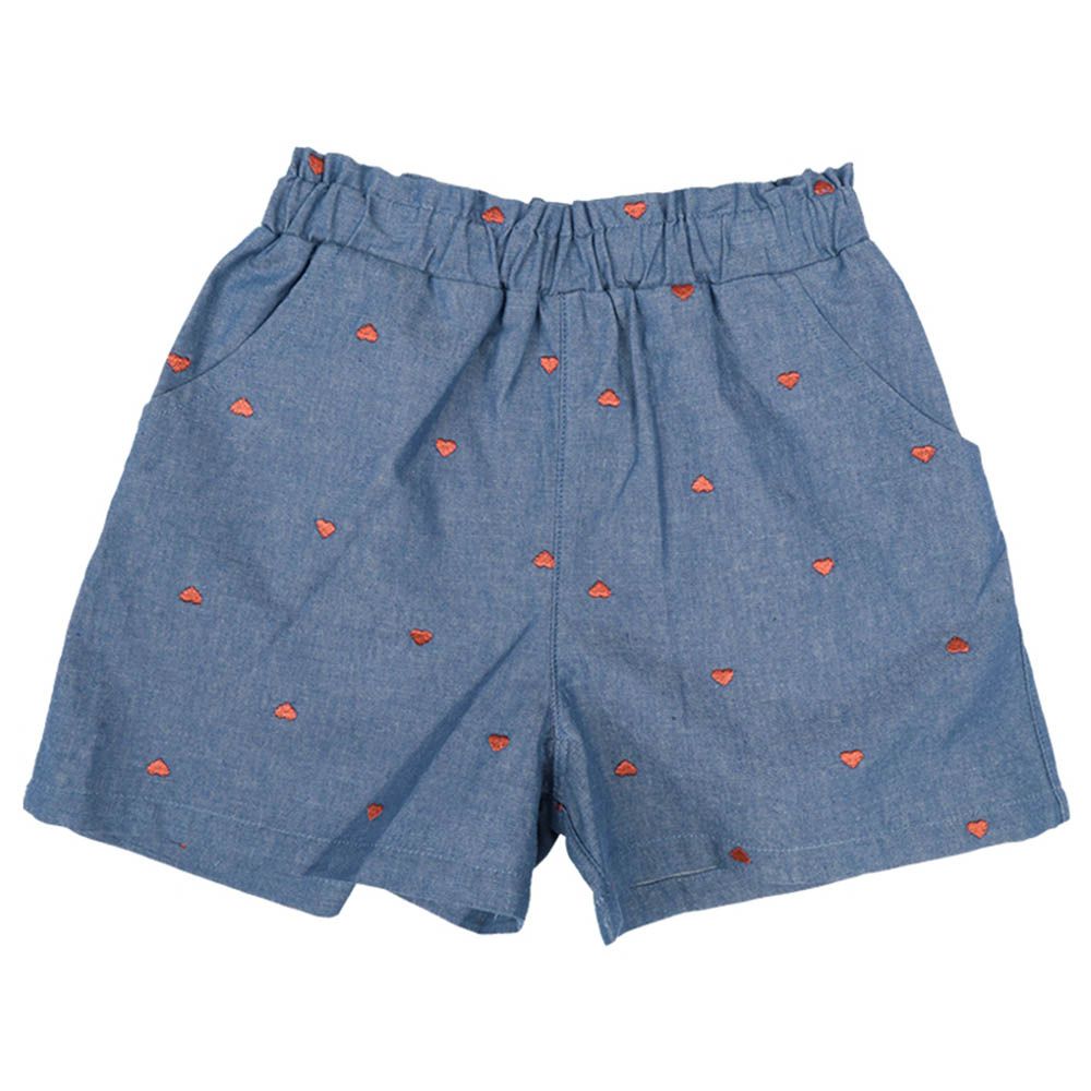 平織短褲-滿版刺繡-深藍色