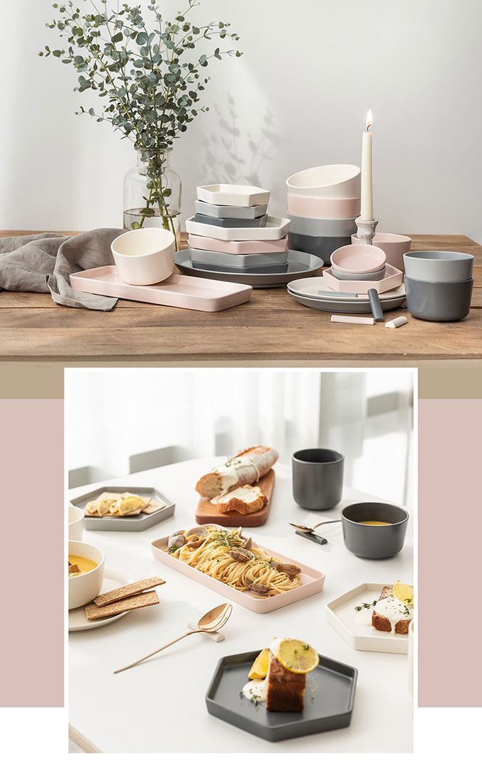 韓國 SSUEIM - Mariebel系列莫蘭迪陶瓷碗盤餐具12件組(粉+灰)
