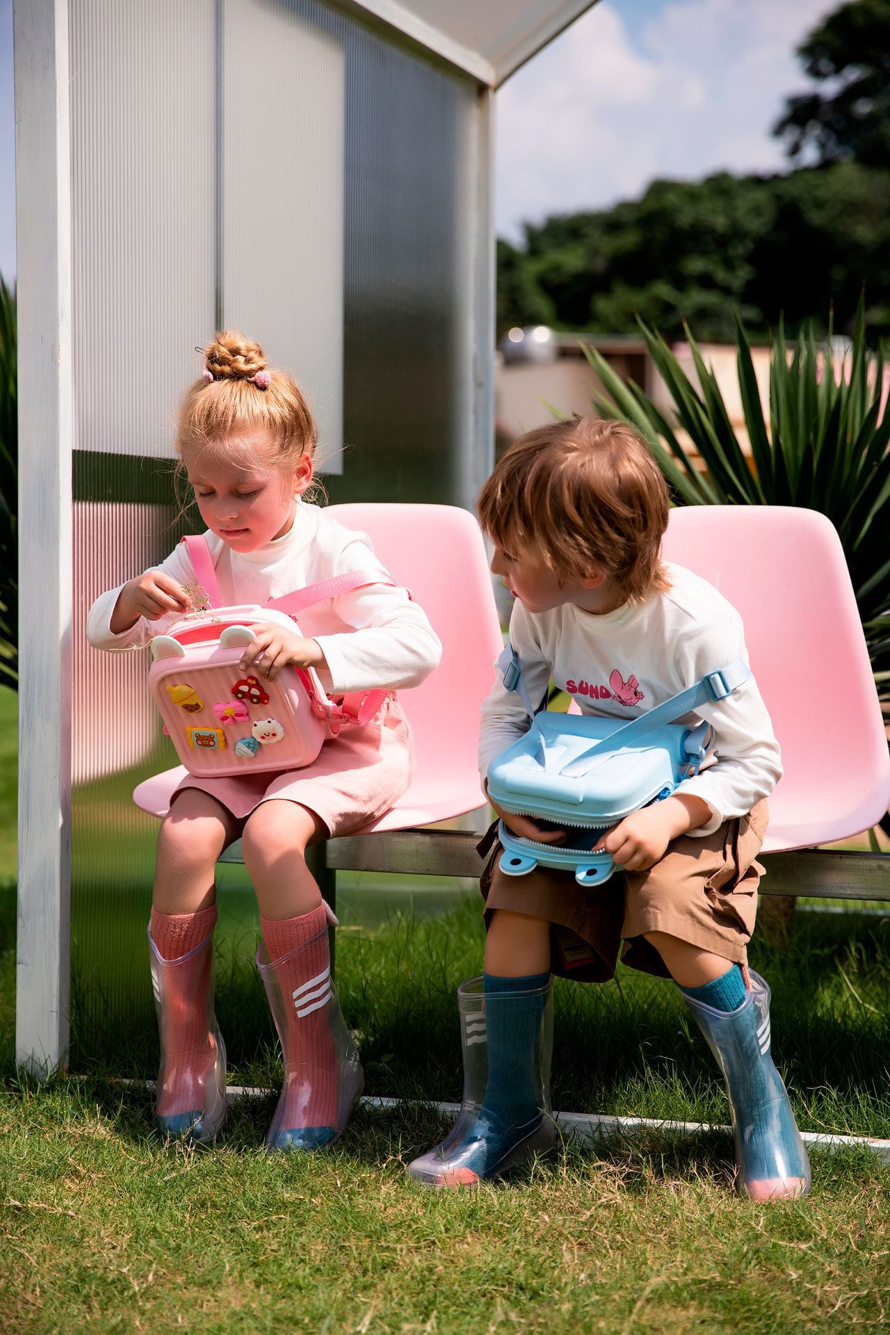 卡通DIY可拆式兒童後背包/小方包-珍珠奶茶+車車-綠色 (20.8x9.9x21.2cm)