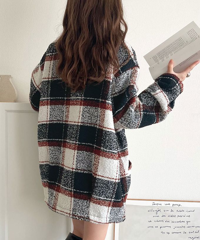 日本 Classical Elf - 亮麗格紋翻領廓形中長版大衣-焦糖棕