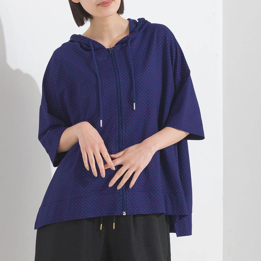 接觸涼感 五分袖抽繩連帽外套-深藍x紅點