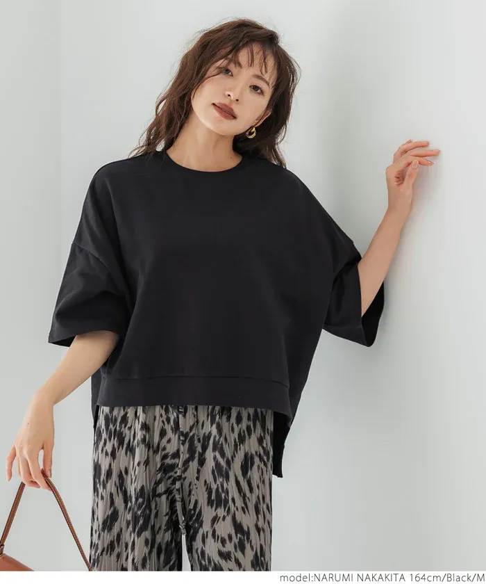 日本 COCA - 百搭前短後長五分袖上衣-杏