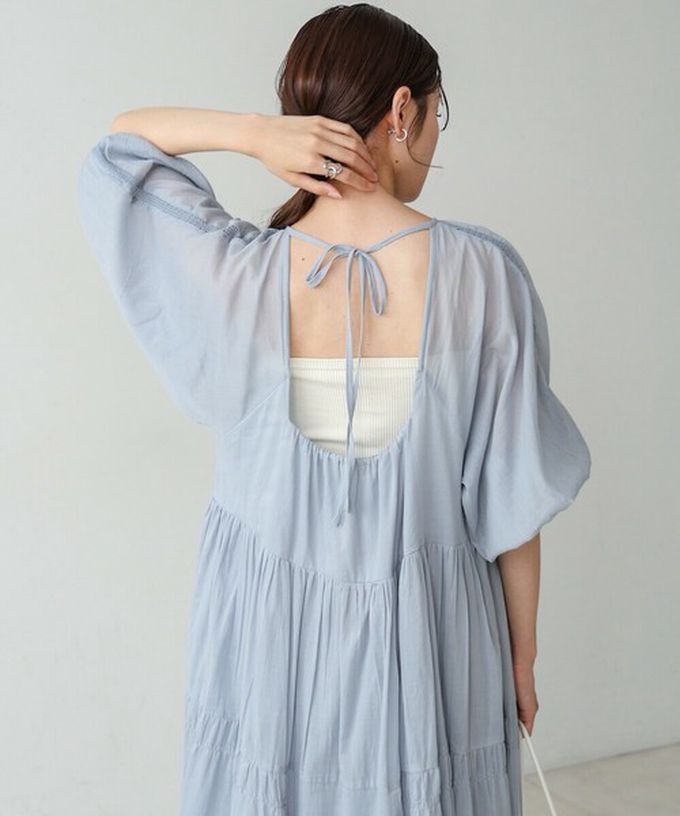 日本 Bab - 100%棉 巴里紗柔軟素色寬袖洋裝-水藍 (S)