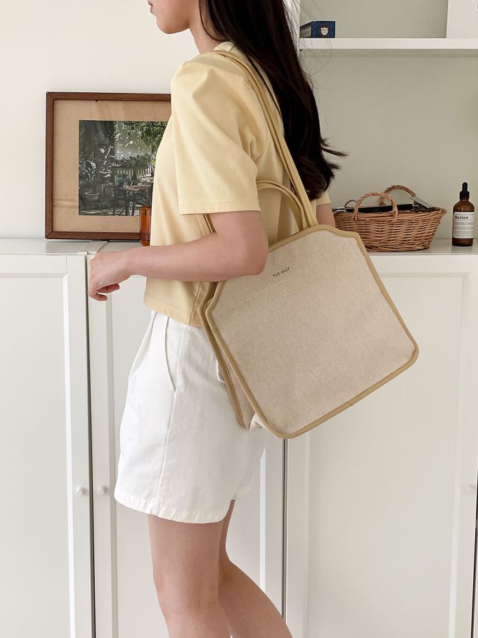 韓國 THEALLY - (附小袋)質挺帆布方包手提/肩背包-奶油黃 (大)