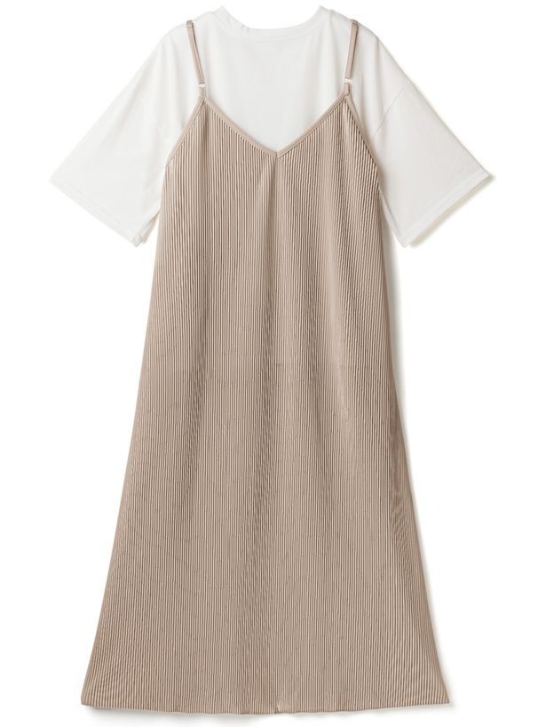 日本 GRL - 短袖上衣x楊柳細摺吊帶裙2件組-淺可可 (F)