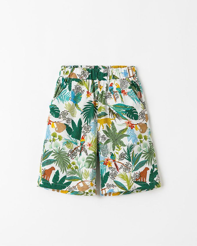 韓國 OZKIZ - 鬆緊腰熱帶叢林動物印短褲-深藍X綠