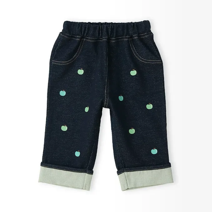 日本 ZOOLAND - 水果樂園 滿版印花摺邊七分褲-蘋果-海軍藍