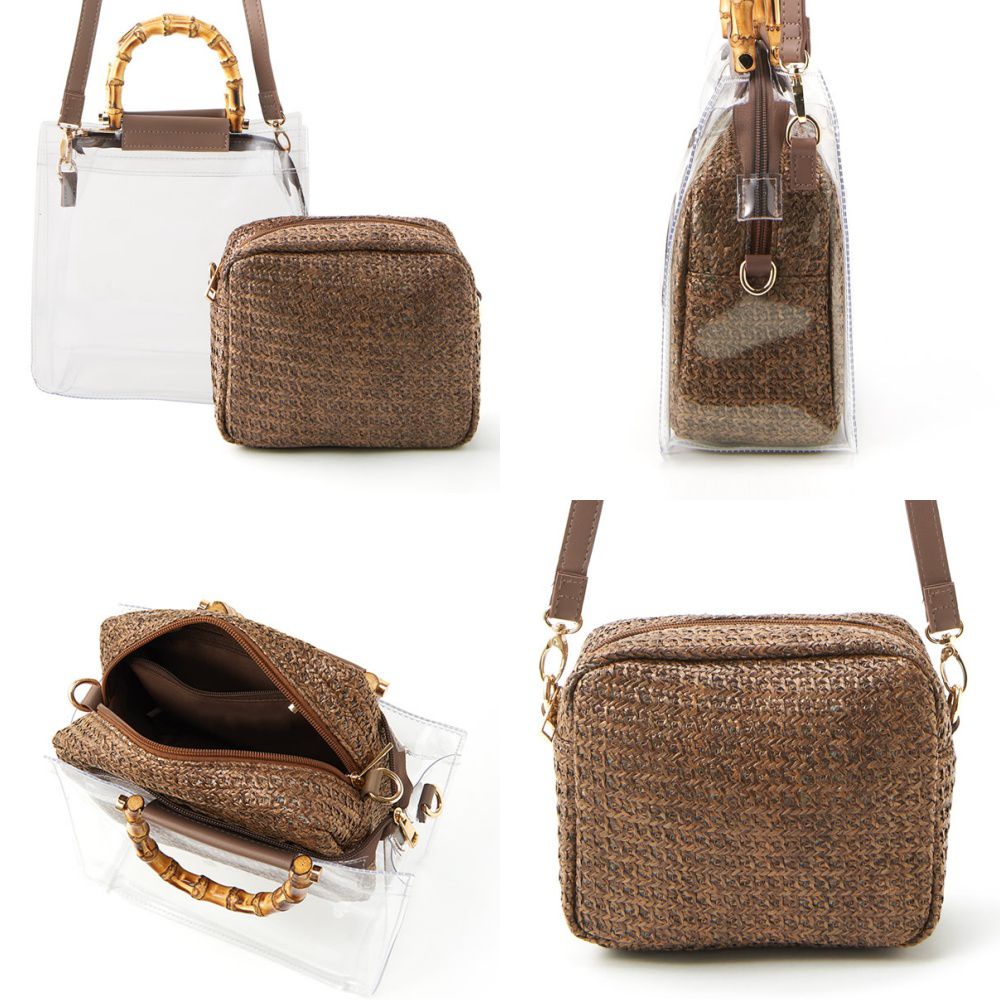 日本 GRL - 仿竹把手透明子母手提包/側背包-編織紋-米 (F)