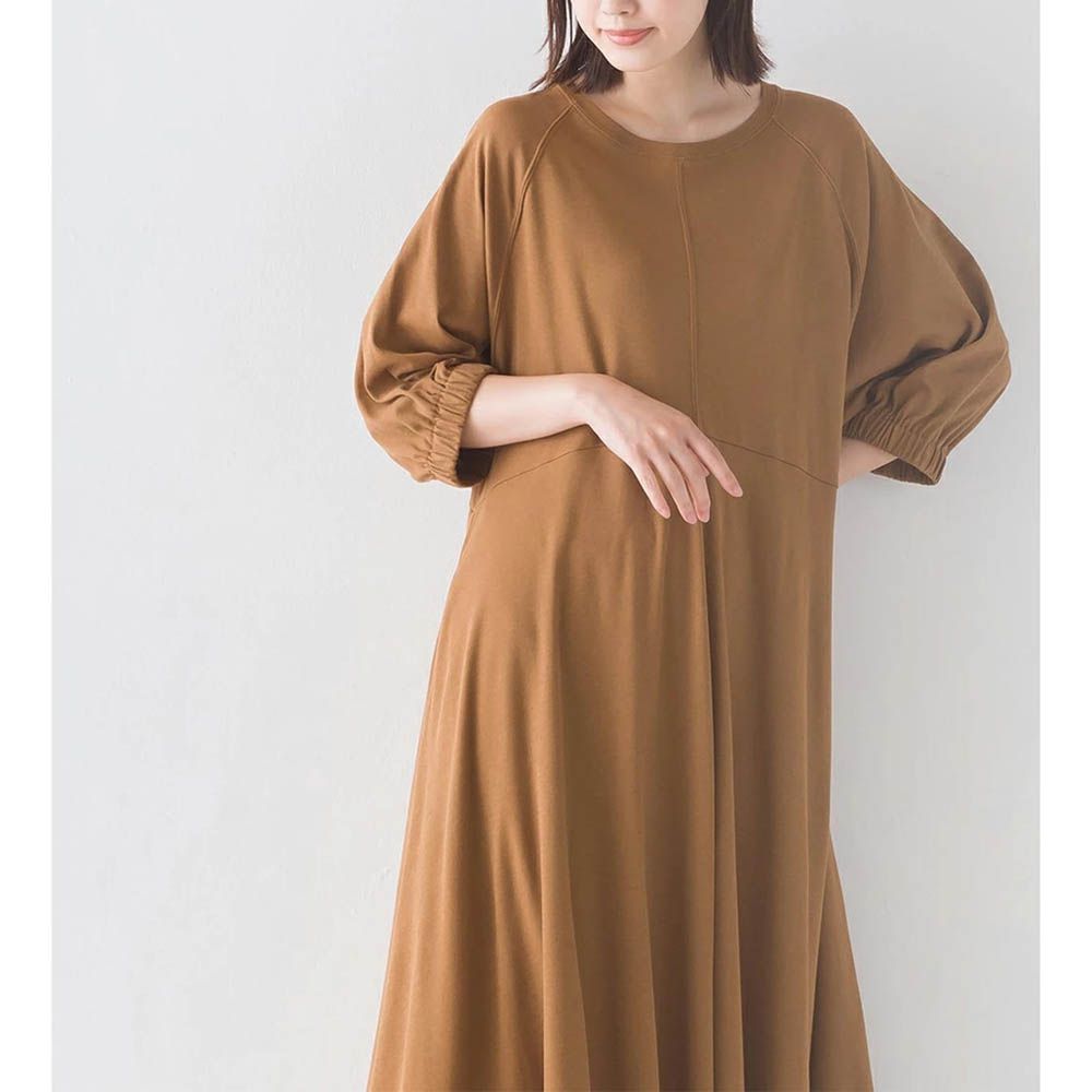 抗透汗 簡約圓領氣球袖洋裝-咖啡