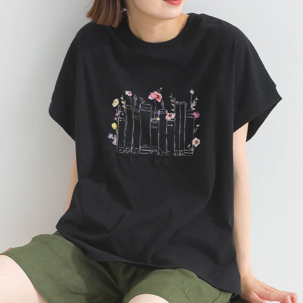 純棉知性印花法式袖T恤-黑