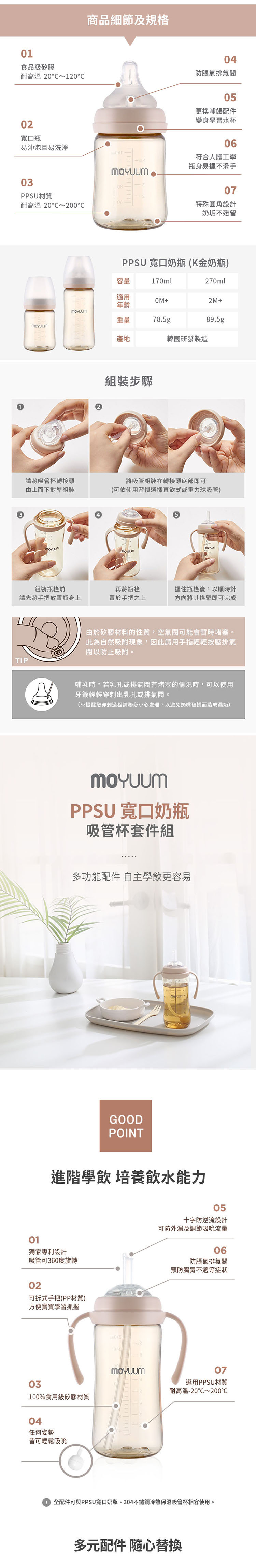 韓國 Moyuum - PPSU 寬口奶瓶 成長全配組-粉色吸管杯套件組 / 替換奶嘴(2m+)-大奶瓶*1+小奶瓶*1+吸管杯套件組*1+替換奶嘴*1