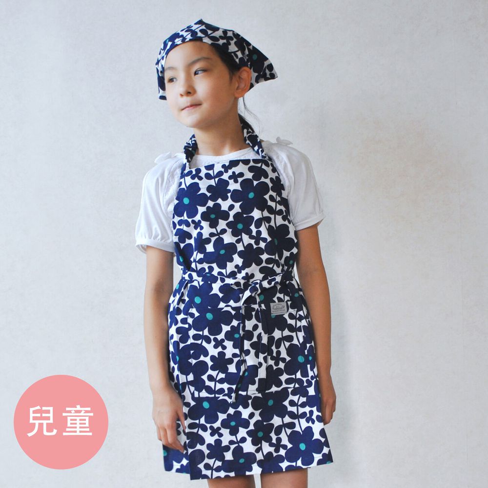 日本代購 - 印度棉兒童料理圍裙+頭巾兩件組-綻放花園-深藍 (100cm~)