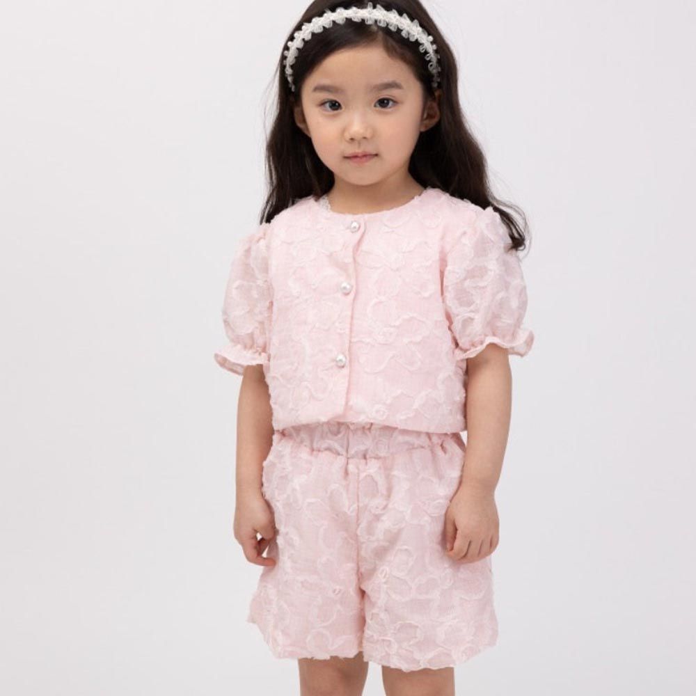 韓國 Coco Bang - (兩件式)立體花朵公主袖短褲套裝-粉紅