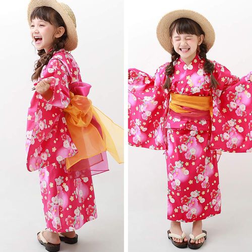 日本 devirock - 上下穿搭式浴衣華麗4件組-可愛花朵-玫紅