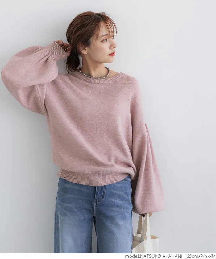 日本 COCA - 澎澎氣球袖圓領針織上衣-粉紅