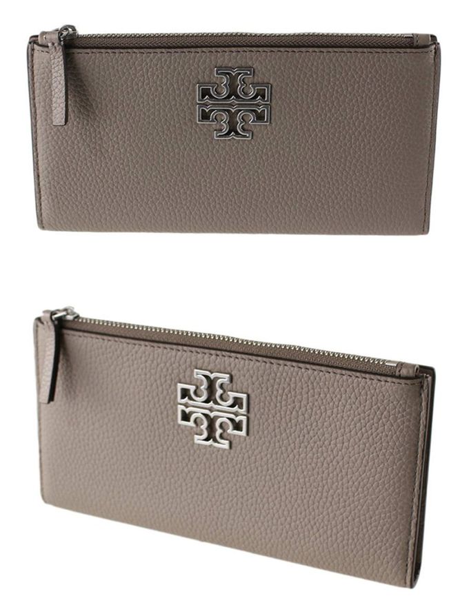 TORY BURCH - 雙T-LOGO荔枝皮革拉鍊長夾 (灰)