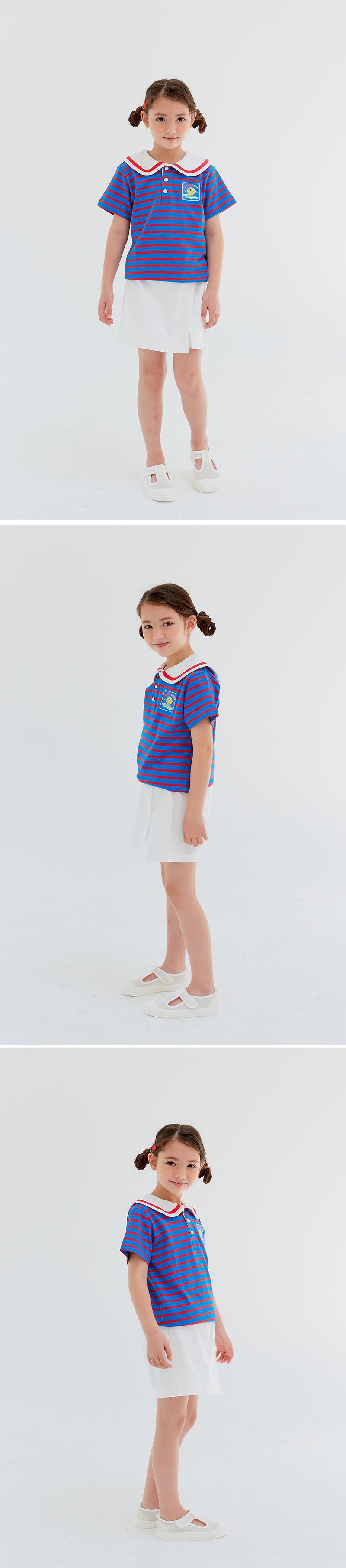 韓國 OZKIZ - 笑臉條紋水手翻領短袖上衣-藍X紅