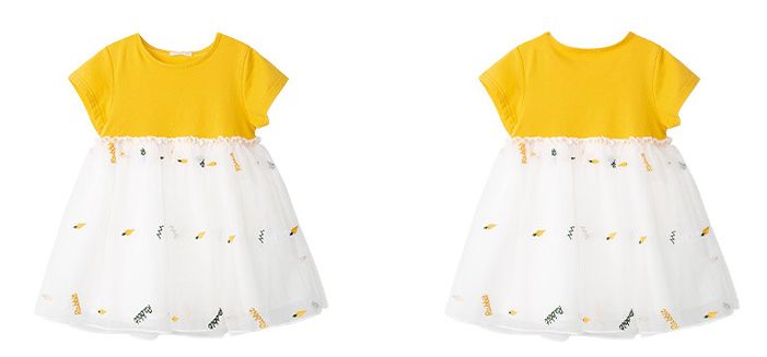 網紗澎澎裙短袖洋裝-胡蘿蔔-黃+白