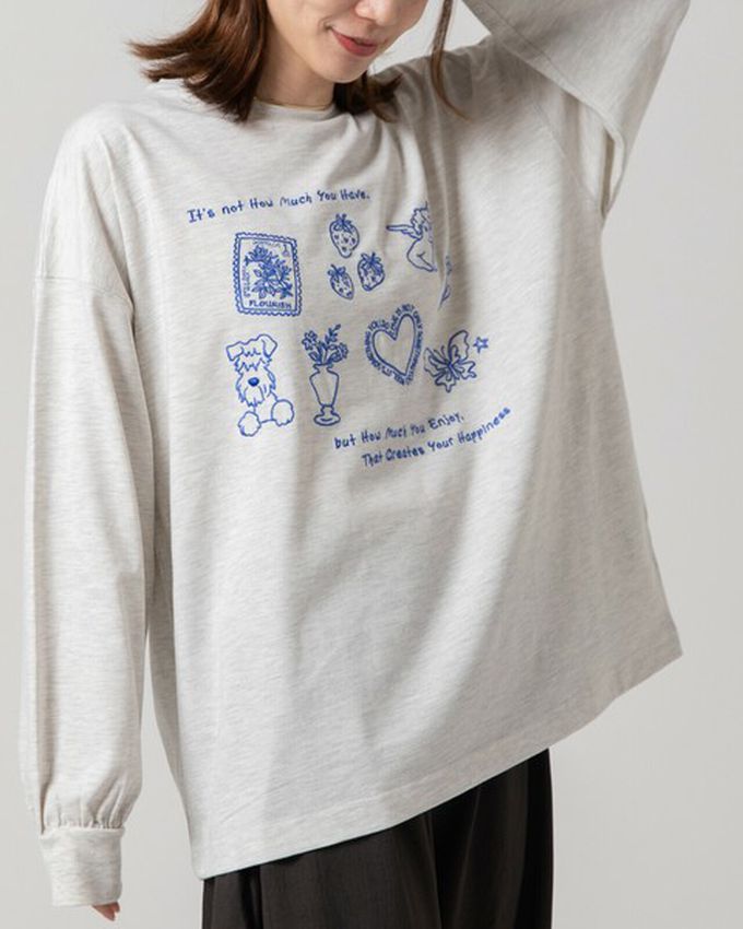 日本 gleam - 甜蜜刺繡印花休閒寬版長袖T恤-白