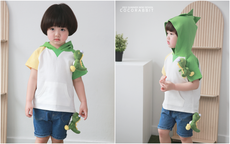韓國 Coco rabbit - 恐龍娃娃撞色造型連帽T-綠X黃