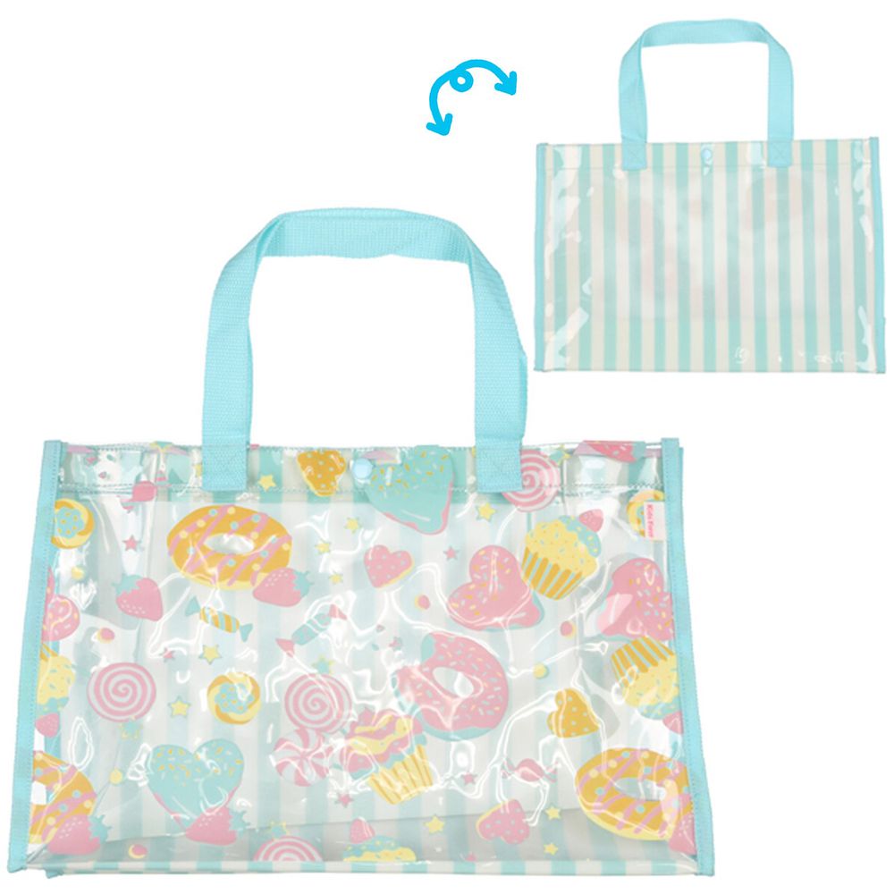 日本服飾代購 - 防水PVC游泳包(雙面圖案設計)-甜甜圈-水藍 (25x36x13cm)