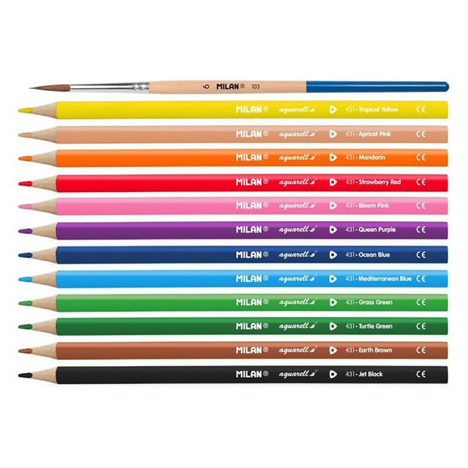 MILAN - 美勞用品組-水溶性色鉛筆12色+小瓢蟲學童安全可攜式剪刀(含刀柄套)_紫色+兒童專用變色口紅膠_孔雀