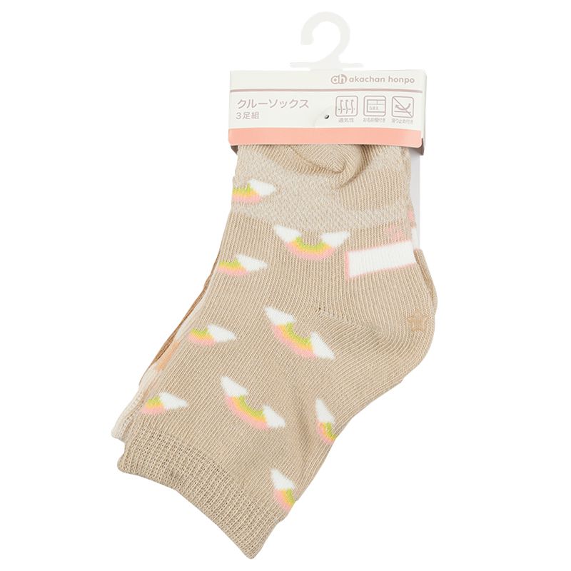 akachan honpo - 女童襪 3雙組-彩虹-淺卡其色 (9~14cm)