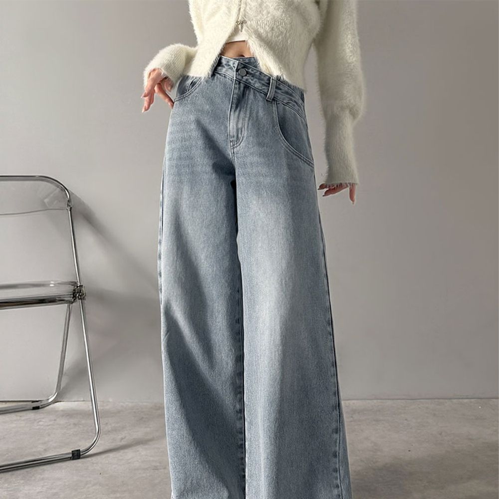 甜心蕾絲口袋交叉腰寬版長腿丹寧褲-藍