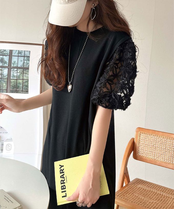 日本 Classical Elf - 夢幻薄紗緹花泡泡袖洋裝-黑x灰藍