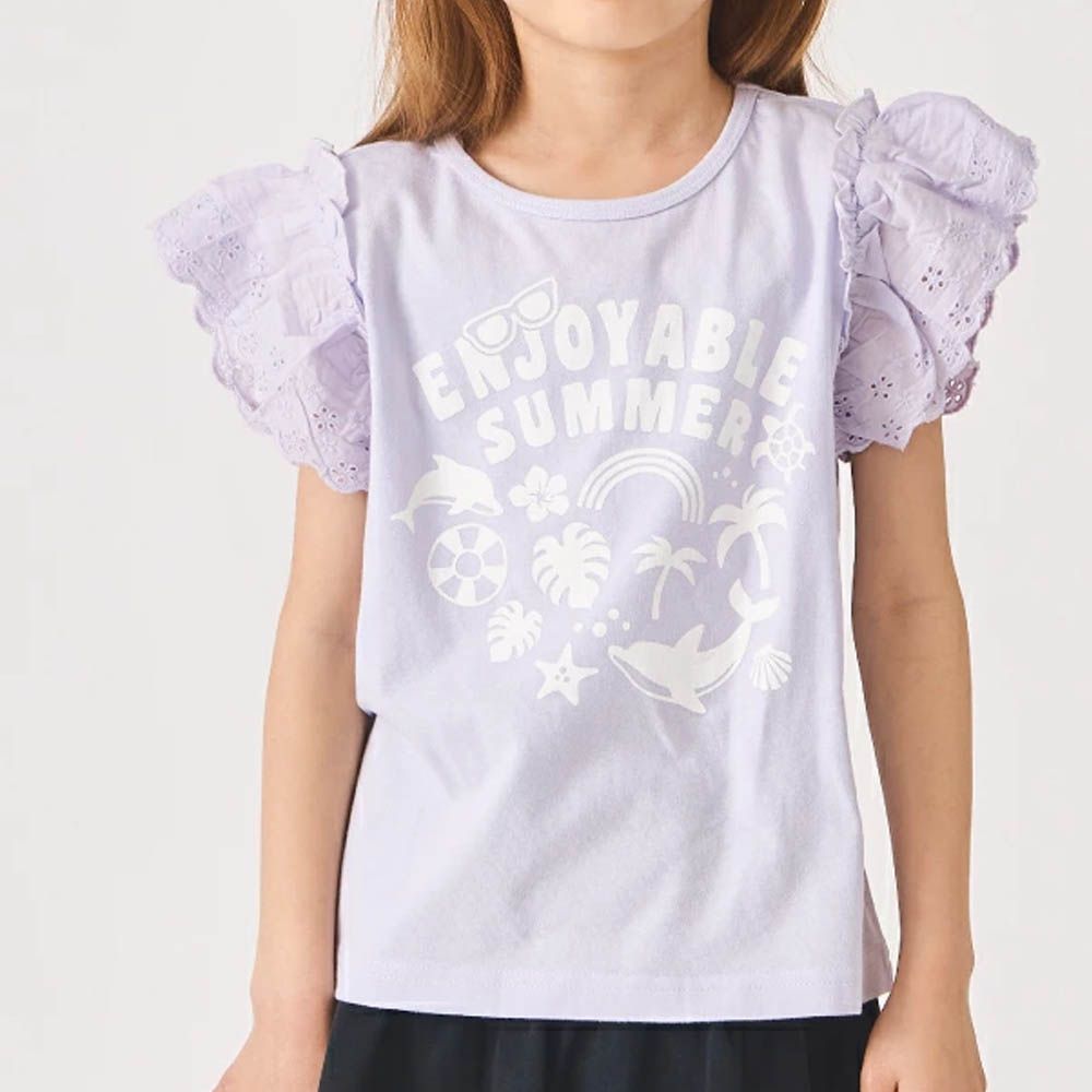 100%棉 蕾絲荷葉邊印花短袖上衣-紫