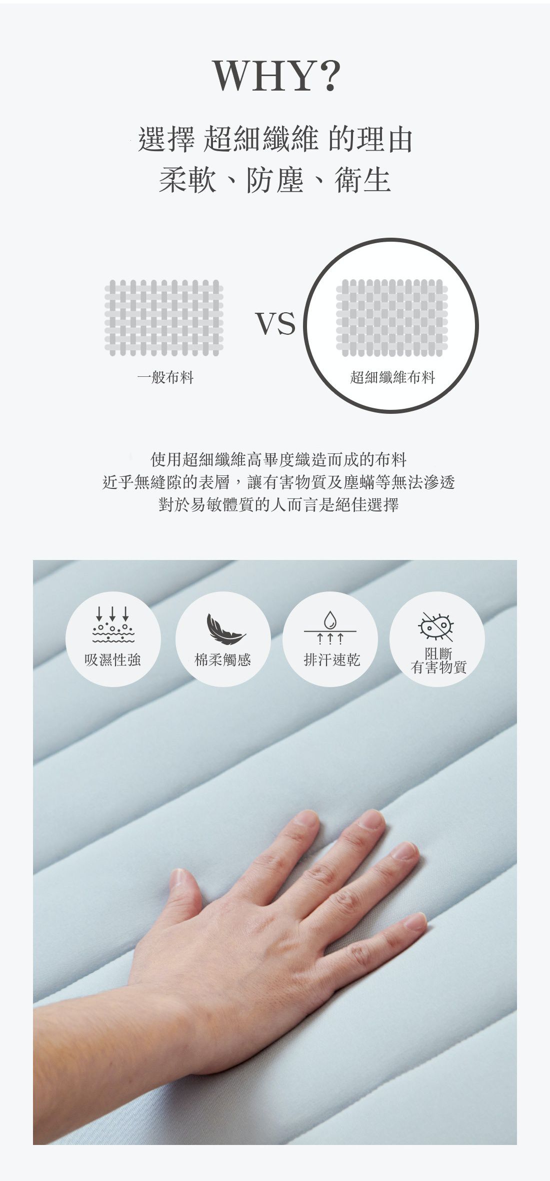 使用超細纖維高密度織造而成，有效阻斷有害物質，對易敏體質的人非常好