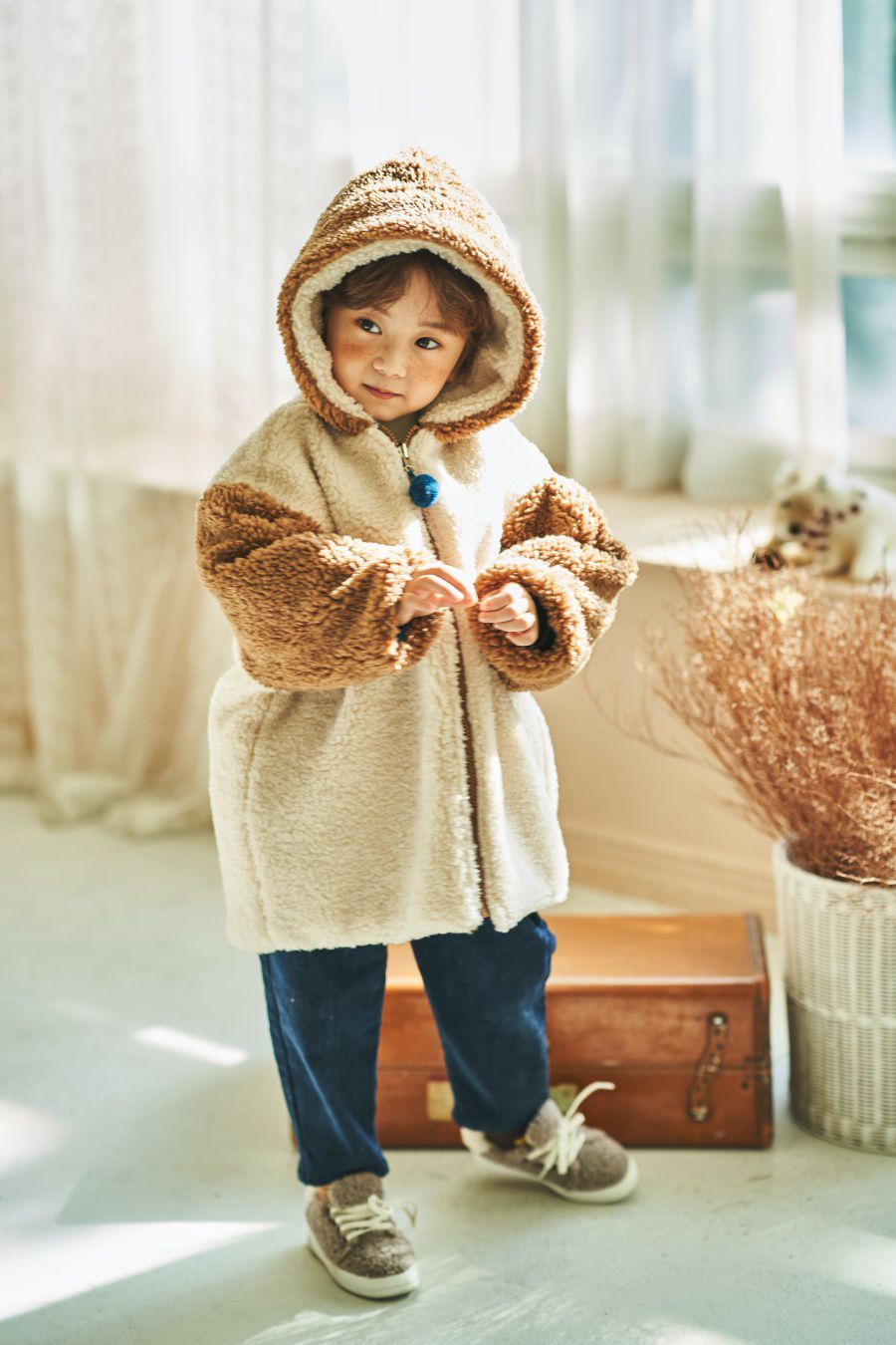 韓國 Mimico - (雙面可穿)熊耳朵豹紋外套-咖啡X藍綠